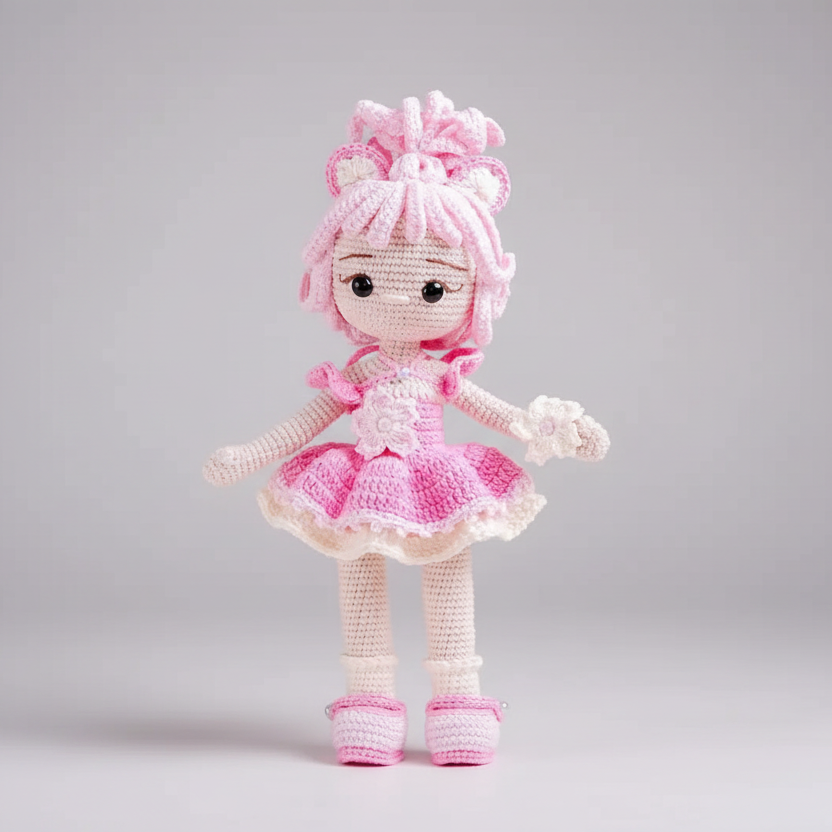 Handmade Crochet Doll in Pink Dress – Soft Cotton Amigurumi Gift for Girls