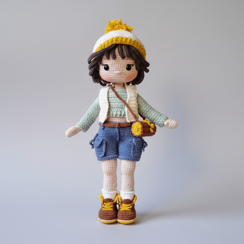 Handmade Crochet Explorer Girl Doll – Amigurumi Toy with Beanie, Camera Bag & Adventure Style