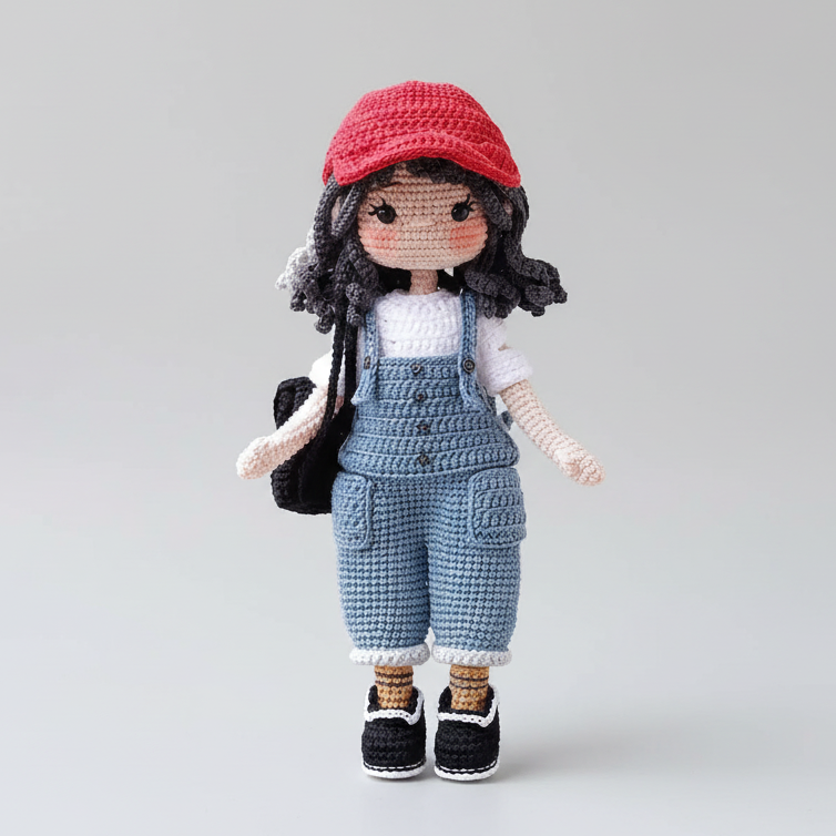 Handmade Crochet Traveller Doll – Cotton Amigurumi Girl with Red Hat, Unique Gift for Kids