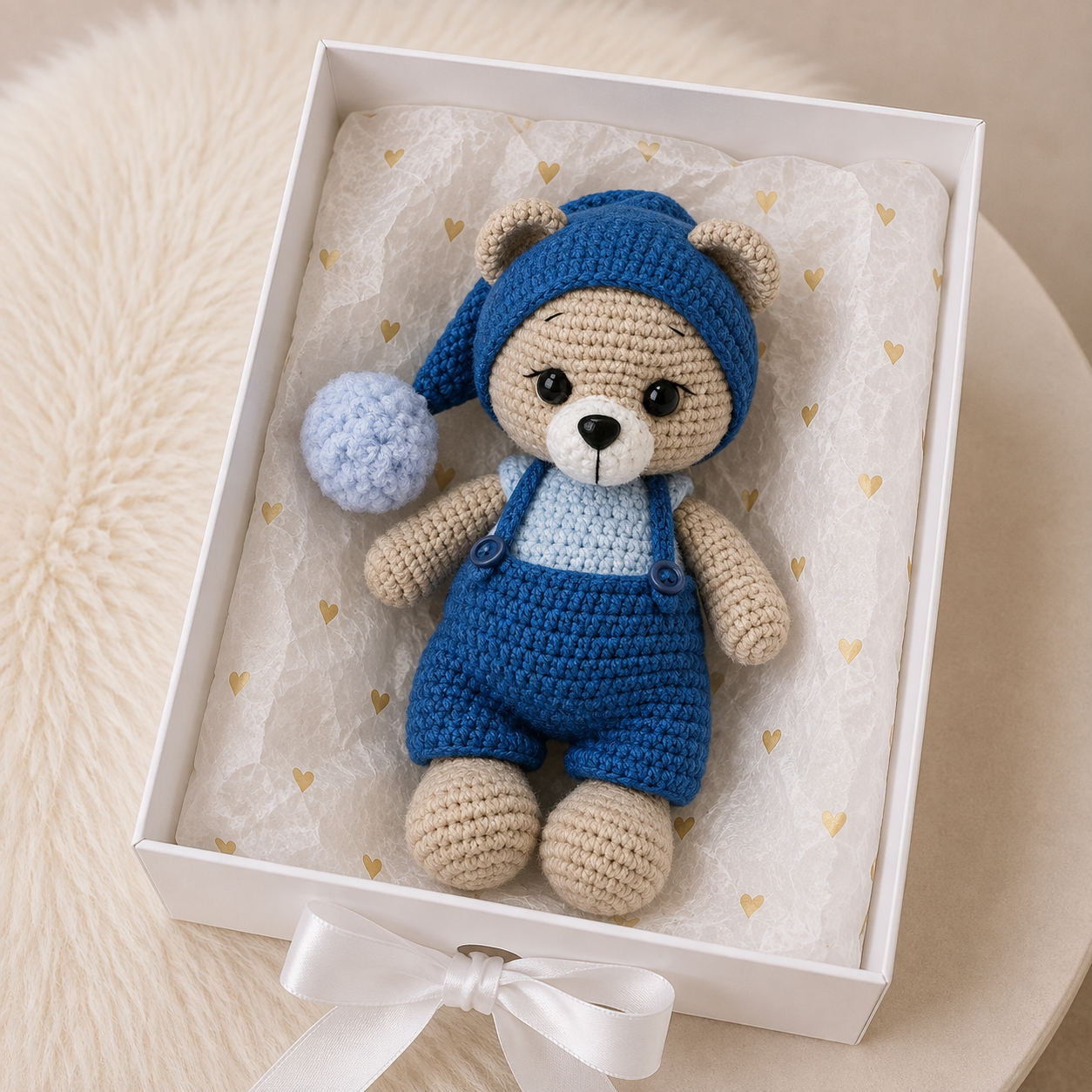 Handmade Crochet Teddy Bear Toy in Blue Jumpsuit and Pom-Pom Hat