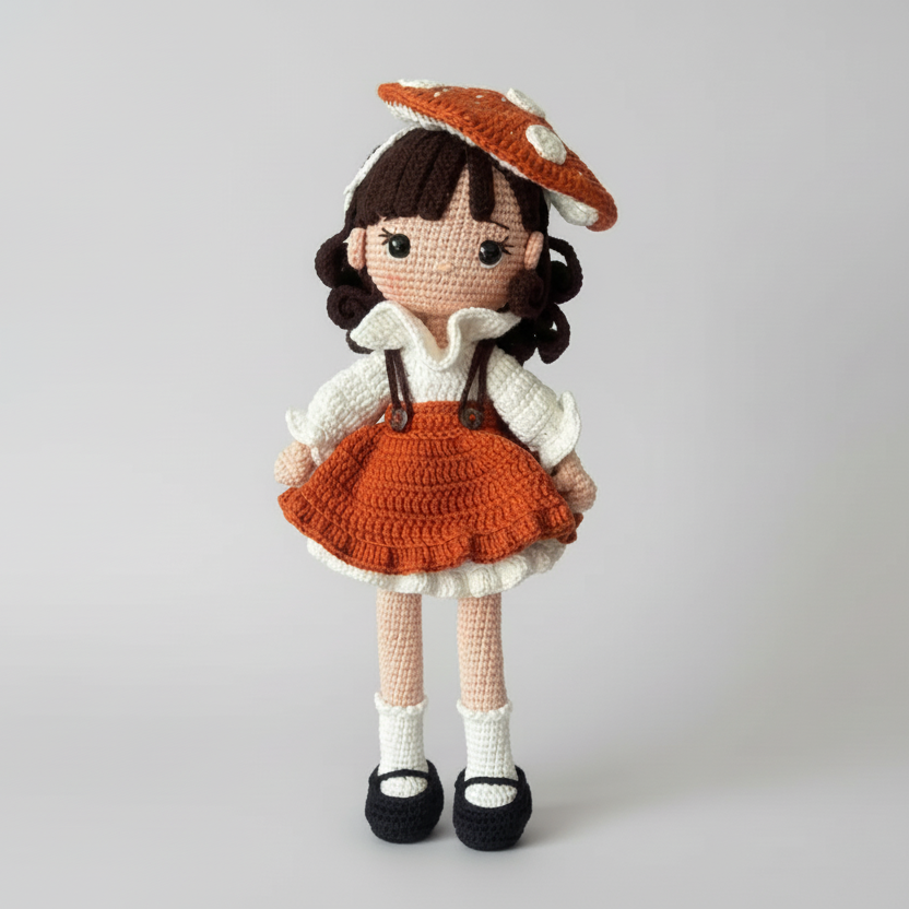 Crocheted doll with a brown hat and dress on a blurred street background