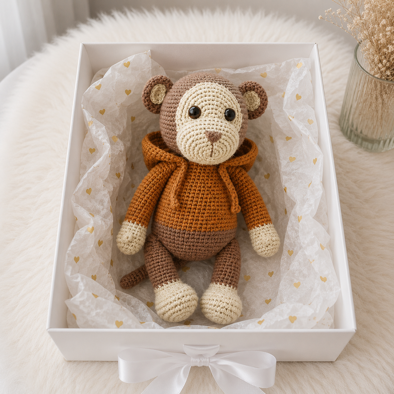 Handmade Crochet Monkey Toy in Orange Hoodie