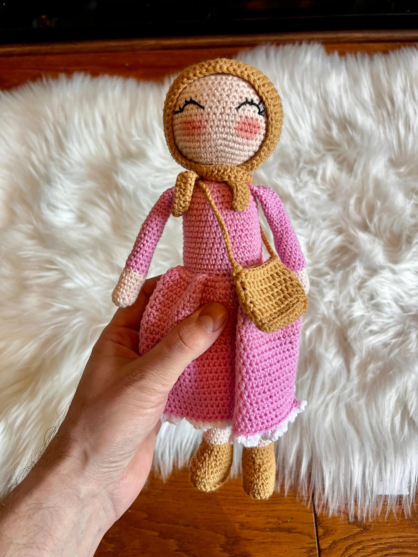 Crochet Hijab Doll - Pink Dress with Light Brown Hijab - Joy Gift London