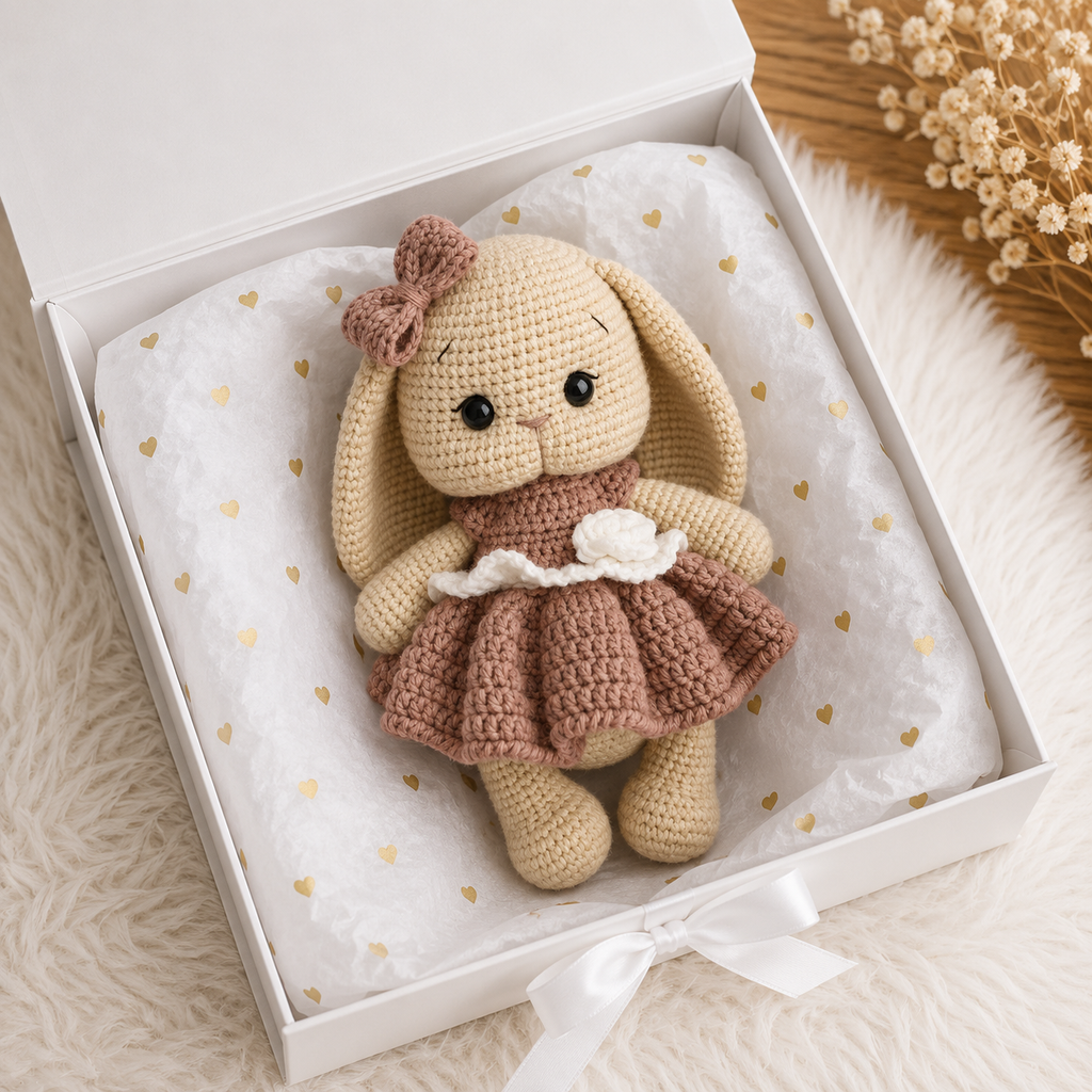 Handmade Crochet Bunny Toy in Brown Dress