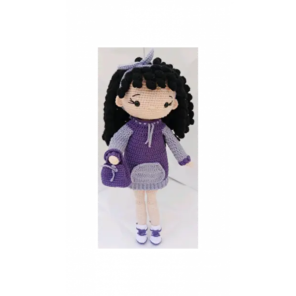 Crochet Curly Girl Doll in Purple Dress - 35cm - Joy Gift London