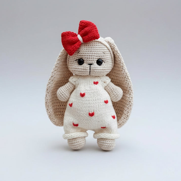 Handmade Crochet Long Ear Bunny Toy in White Jumper with Hearts