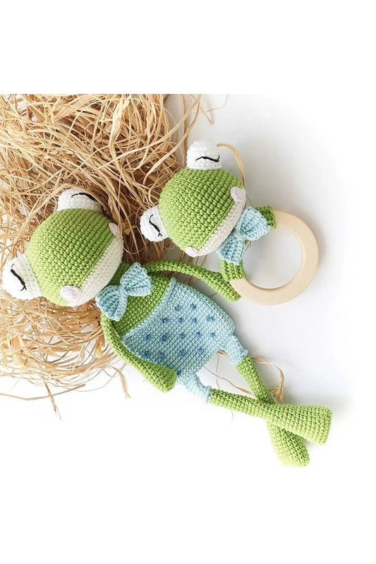 Crochet Organic Frog Boy and Rattle Toy Set - 2pc - Joy Gift London