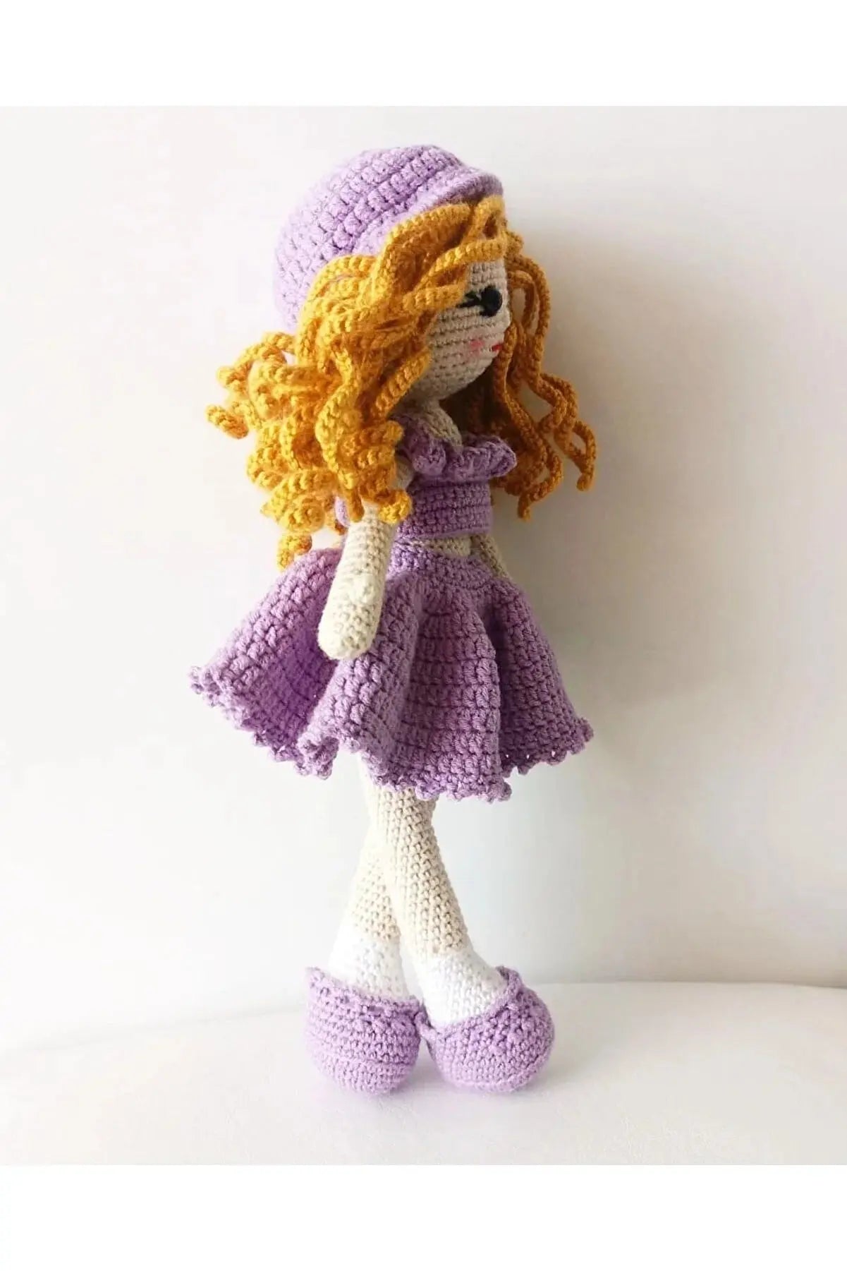 Crochet Cute Blonde Curly Girl in Purple Dress Doll - Joy Gift London