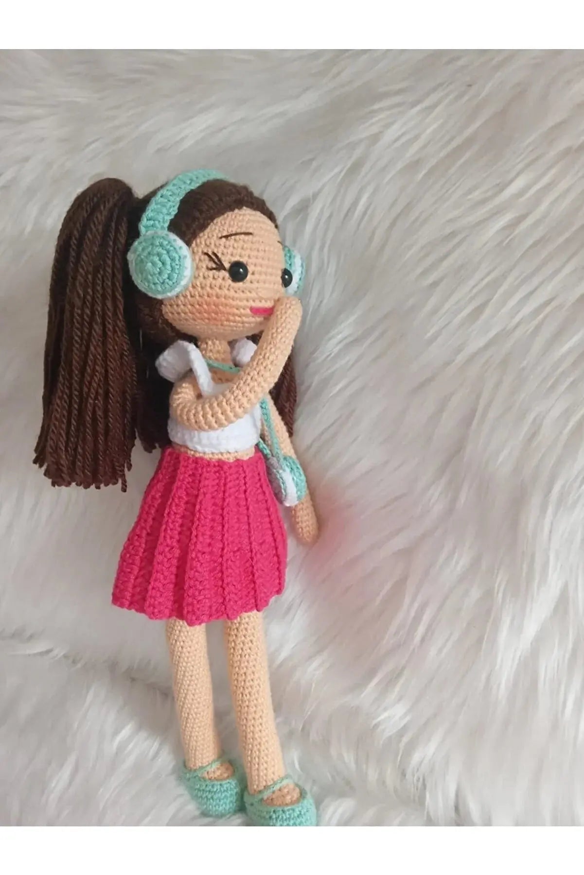 Crochet Little Girl Toy in Pink Skirt Listening to music - Joy Gift London