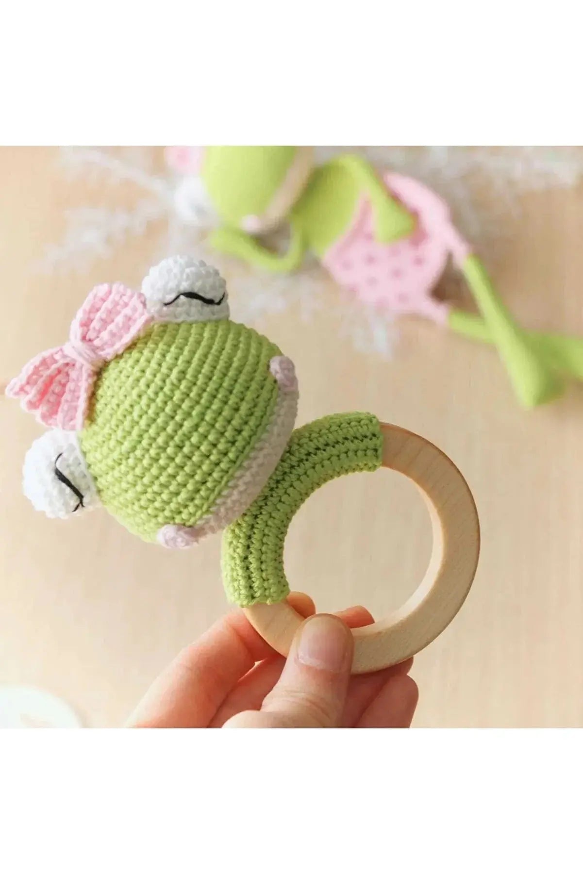 Crochet Organic Frog Girl and Rattle Toy Set - 2pc - Joy Gift London