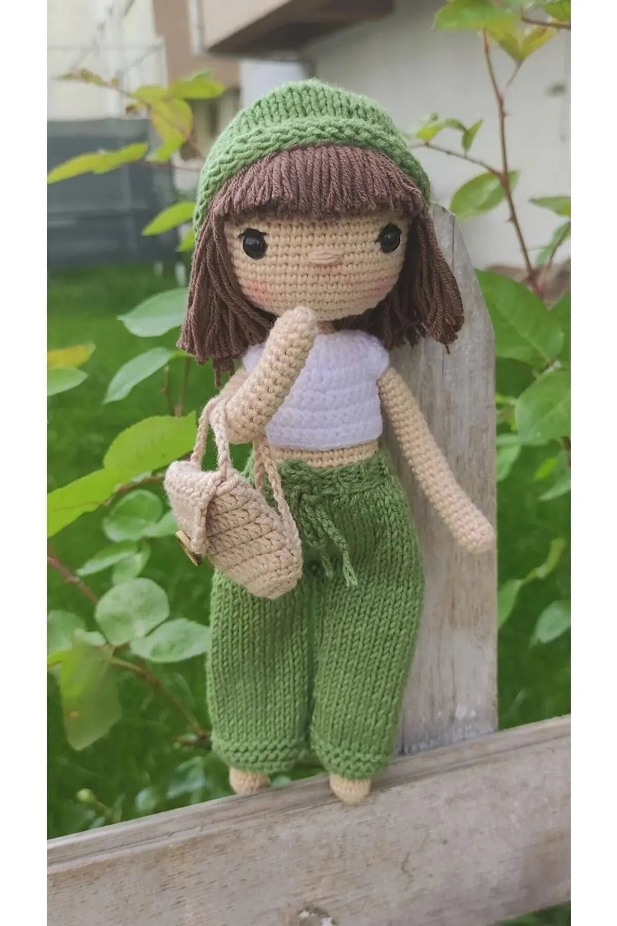 Crochet Little Girl Toy in Green trousers and yellow Sweater - Joy Gift London