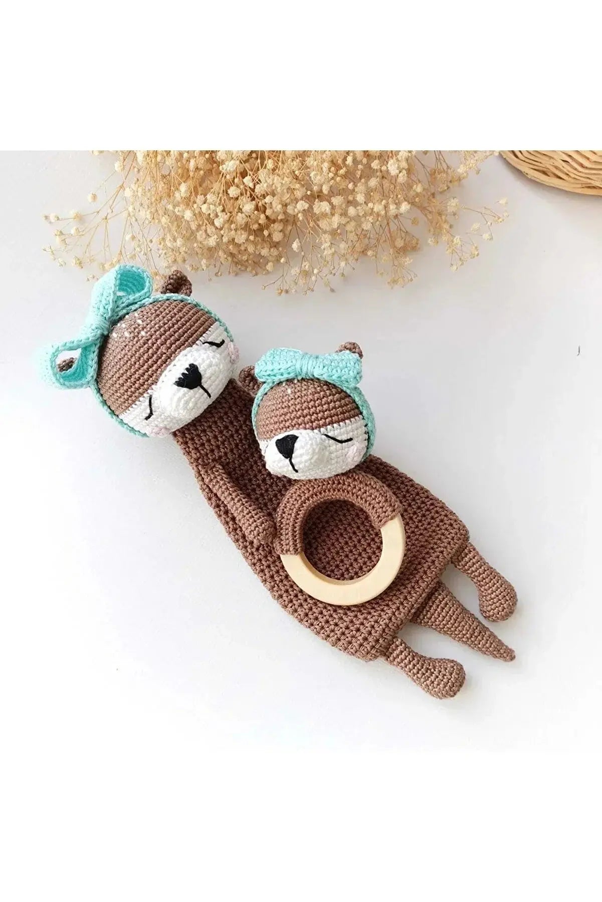 Crochet Sleeping Dog & Rattle Toy Set - 100% Organic Cotton - 3pc - Joy Gift London