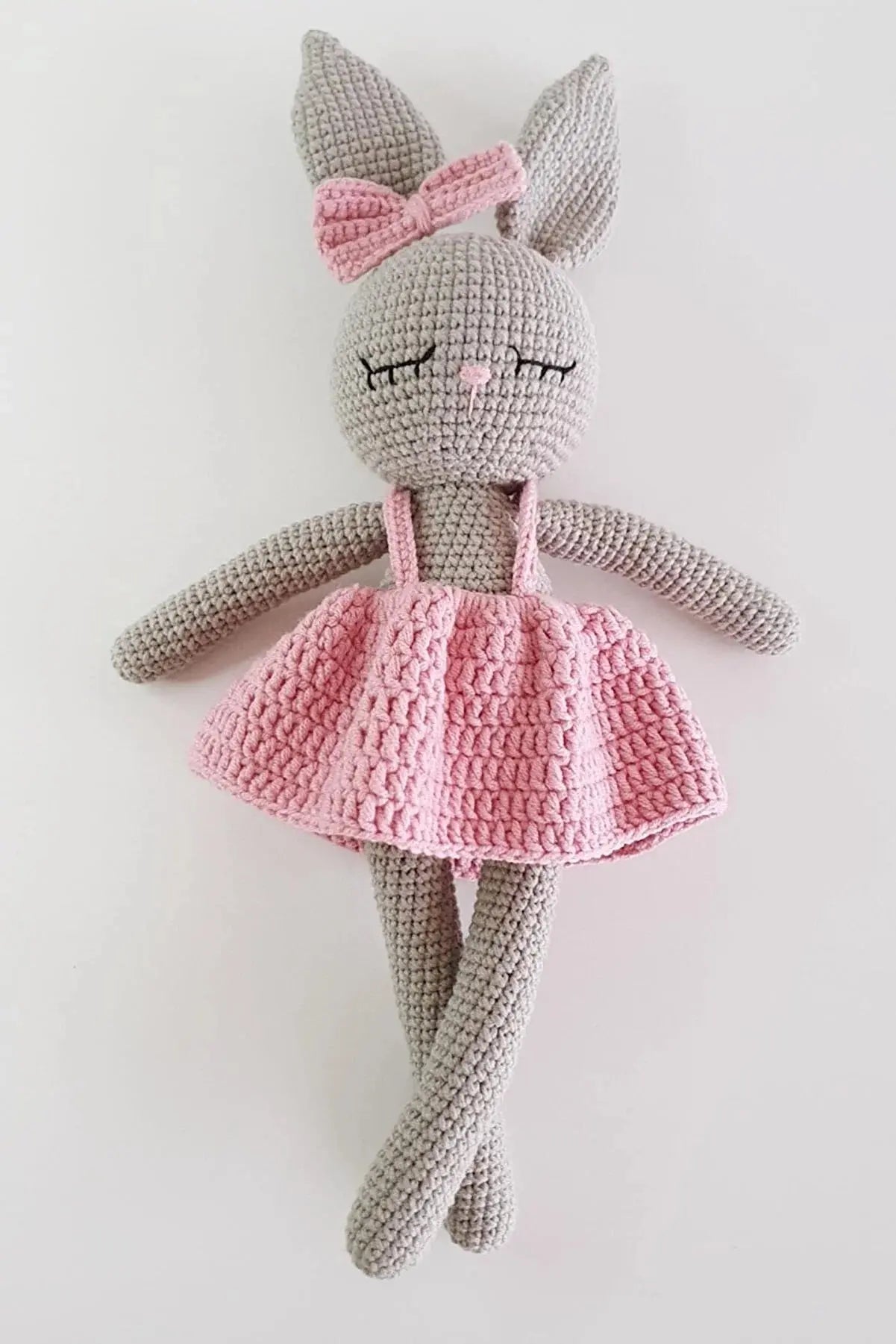 Crochet Sleeping Mate Gray Rabbit in Pink Dress and Rattle Toy Set 2pc - Joy Gift London