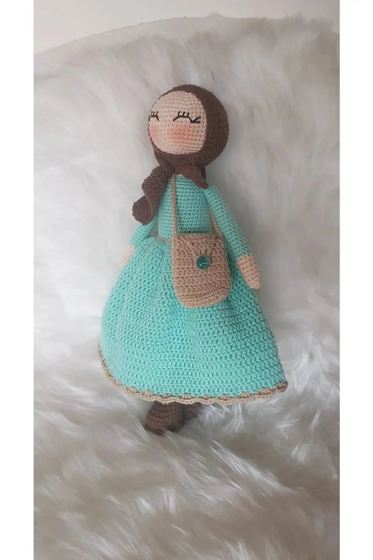 Crochet Hijab Doll with Blue Dress and Gray Hijab - Joy Gift London