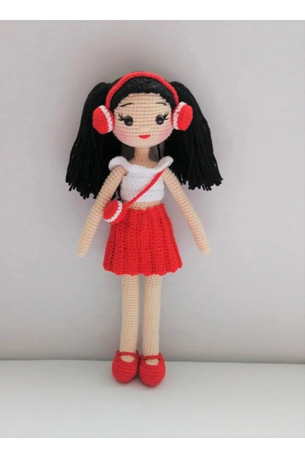 Crochet Little Girl Toy in Red Skirt Listening to music - Joy Gift London