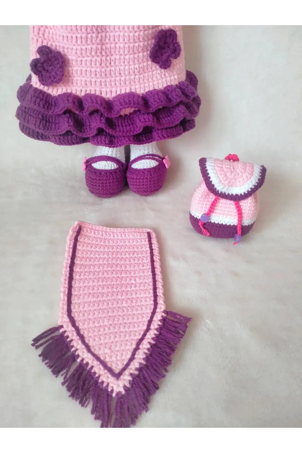 Crochet Mother Hijab Doll with Infant - Pink-Purple Dress with Brown Hijab and Prayer rug TrendyToy