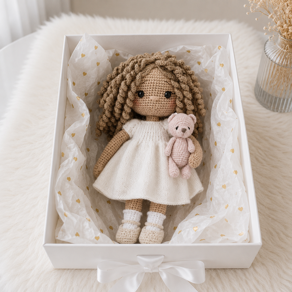 Handmade Crochet Doll in White Dress with Curly Hair & Teddy Bear