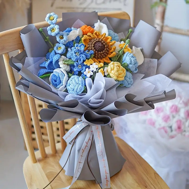 Handmade Crocheted Mix Flowers Blue Bouquet