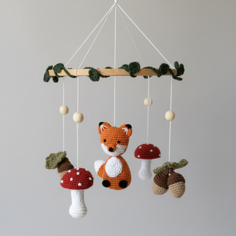Baby mobile with fox, mushrooms, and acorns hanging from a string against a beige curtain.