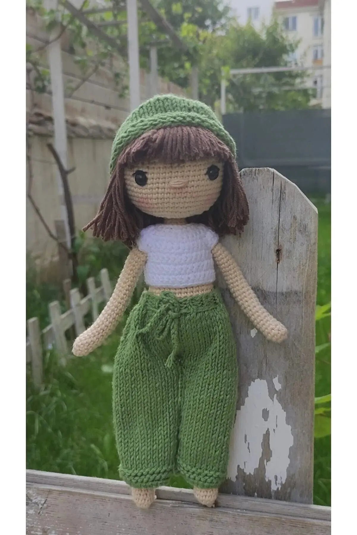 Crochet Little Girl Toy in Green trousers and yellow Sweater - Joy Gift London