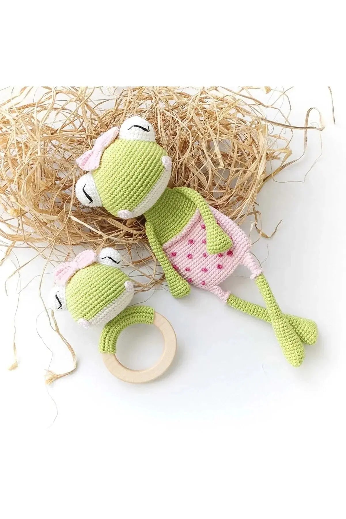 Crochet Organic Frog Girl and Rattle Toy Set - 2pc - Joy Gift London