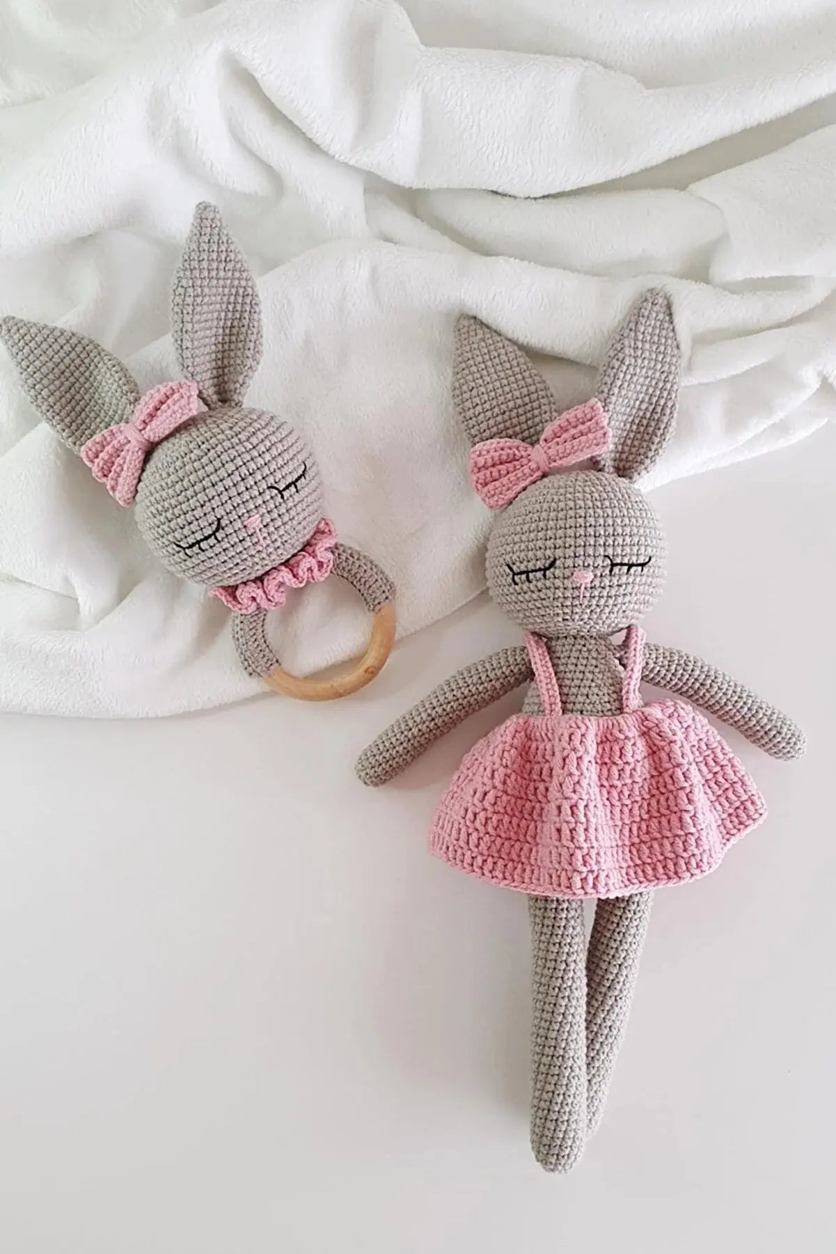 Crochet Sleeping Mate Gray Rabbit in Pink Dress and Rattle Toy Set 2pc - Joy Gift London