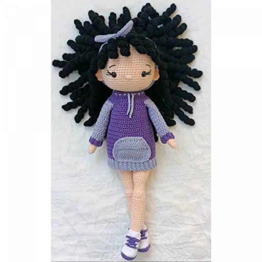 Crochet Curly Girl Doll in Purple Dress - 35cm - Joy Gift London