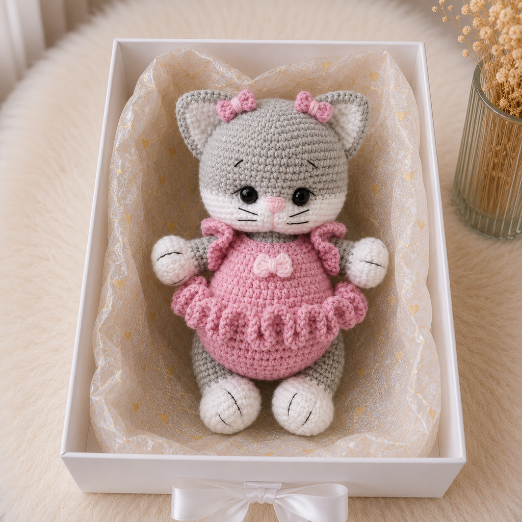 Handmade Crochet Kitten Toy in Pink Jumpsuit
