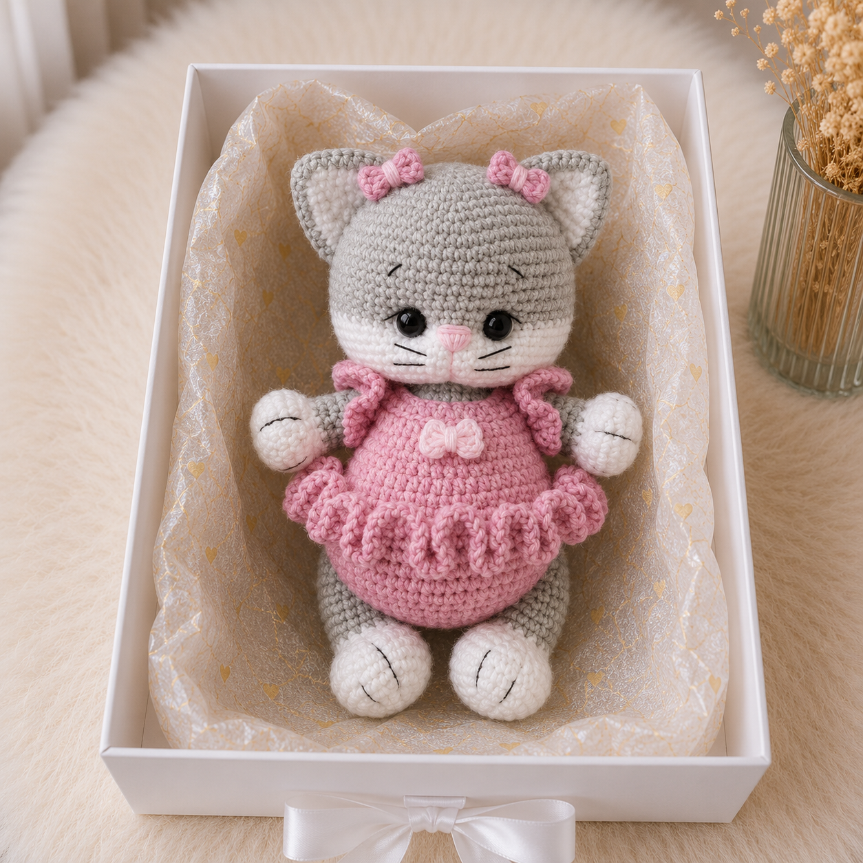 Handmade Crochet Kitten Toy in Pink Jumpsuit