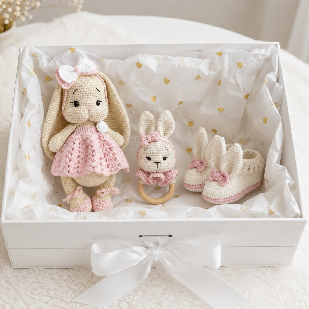 Crochet Cute Bunny with Pink Dress 3pc