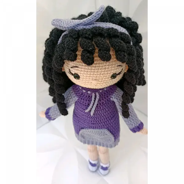 Crochet Curly Girl Doll in Purple Dress - 35cm - Joy Gift London