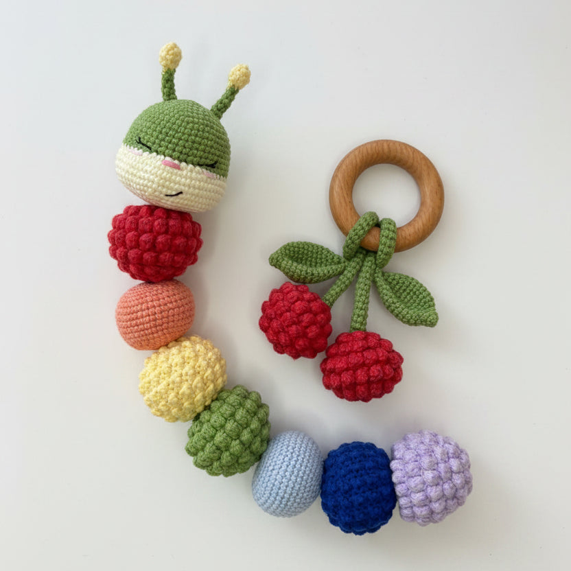 Crochet Cute Colorful Caterpillar Toy and Cherry Rattle Toy Gift Set 2pc