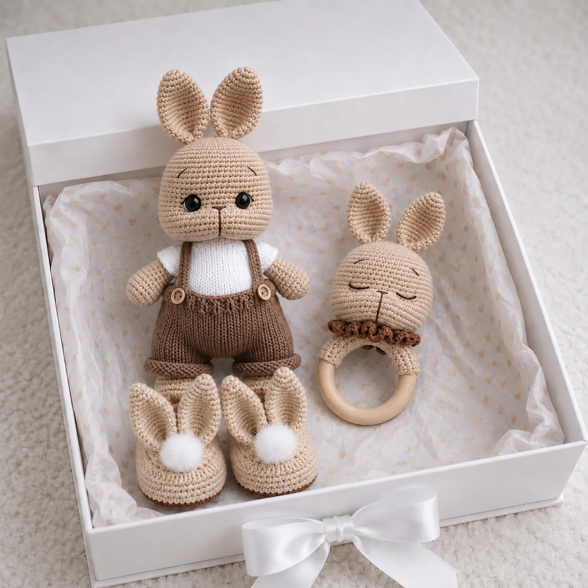 Handmade Crochet Newborn Bunny Gift Set (3pc) – Brown Jumpsuit and White Tshirt, Baby Shower Gift