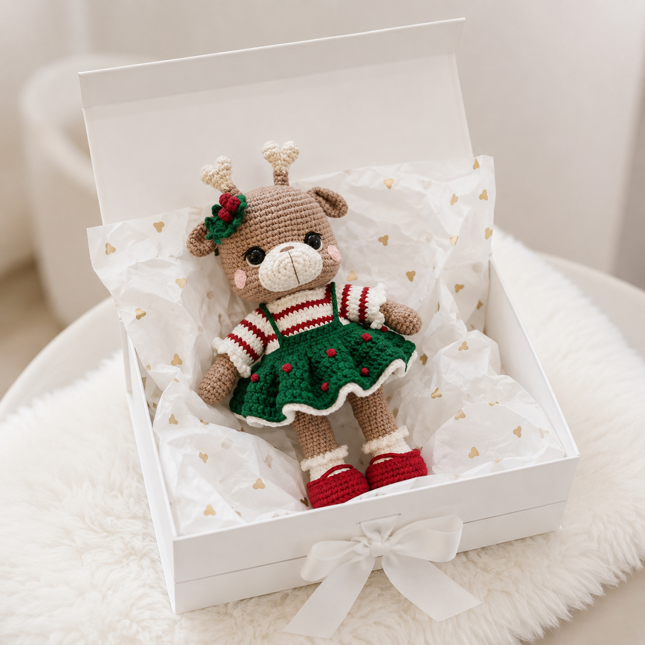 Handmade Crochet Reindeer Toy in Xmas Dress