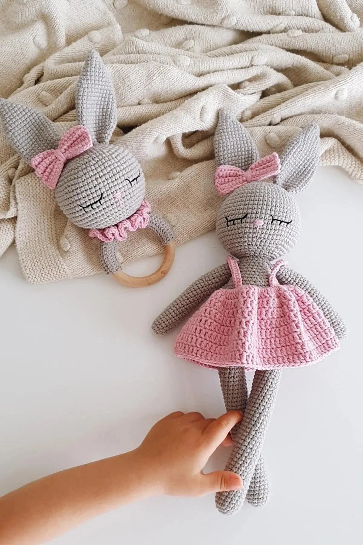 Crochet Sleeping Mate Gray Rabbit in Pink Dress and Rattle Toy Set 2pc - Joy Gift London