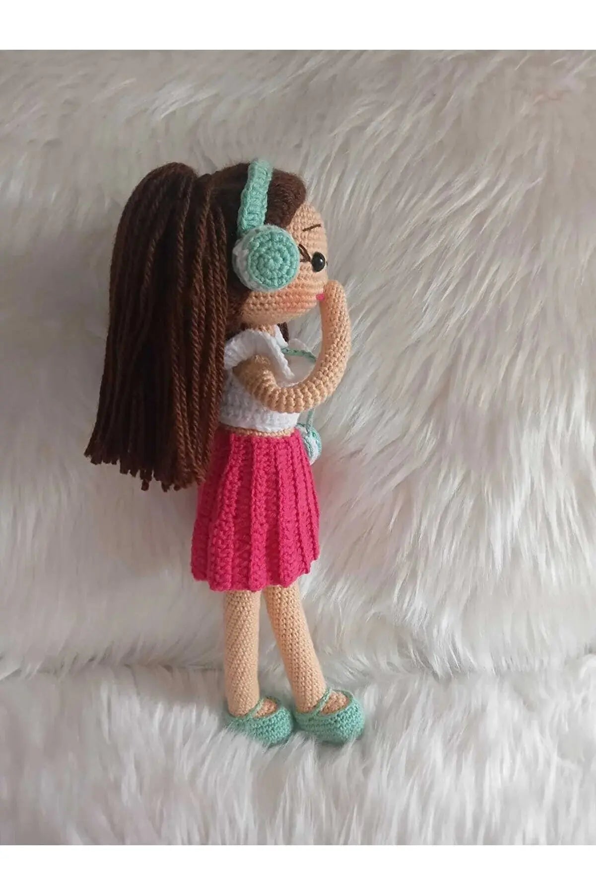 Crochet Little Girl Toy in Pink Skirt Listening to music - Joy Gift London