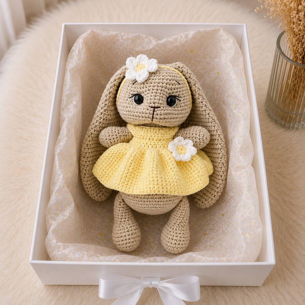 Handmade Crochet Long Ear Bunny Toy in Yellow Dress