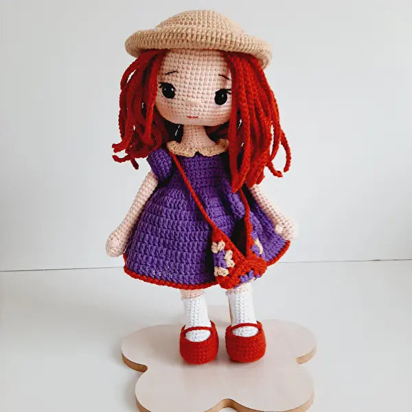 Crochet Red Hair Girl Doll - 30cm Purple Dress - Joy Gift London