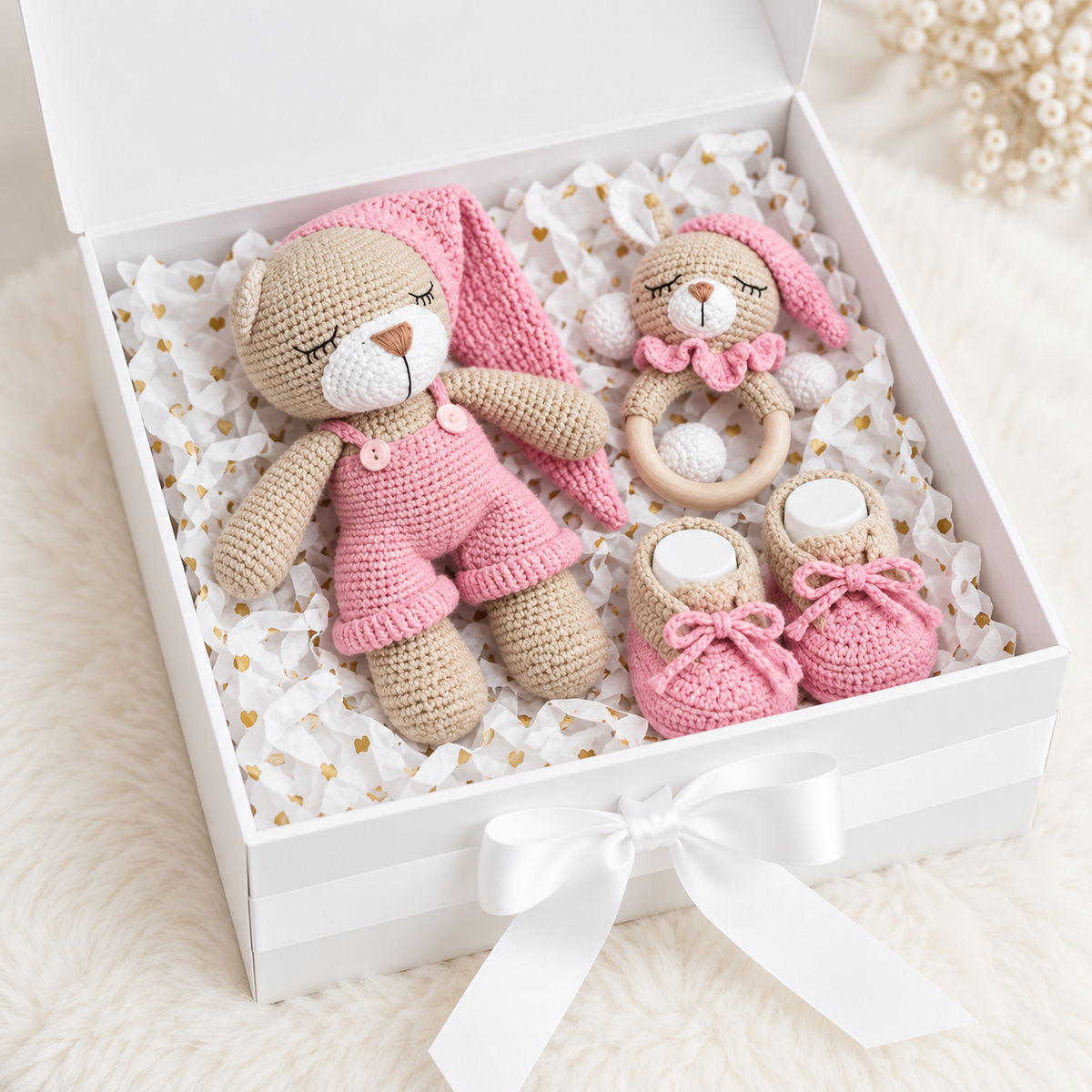 Handmade Crochet Newborn Sleeping Teddy Bear Gift Set (3pc) – Baby Shower Gift