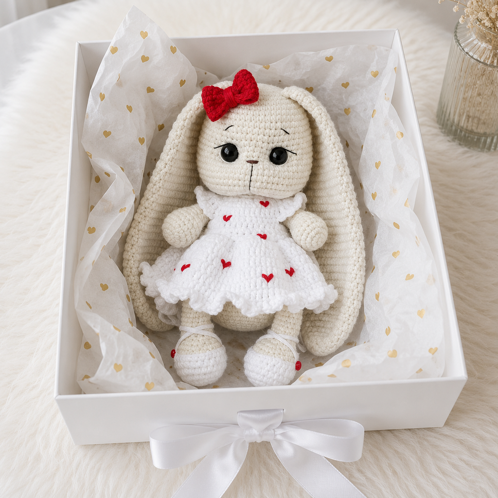 Handmade Crochet Long Ear Bunny Toy in White Dress
