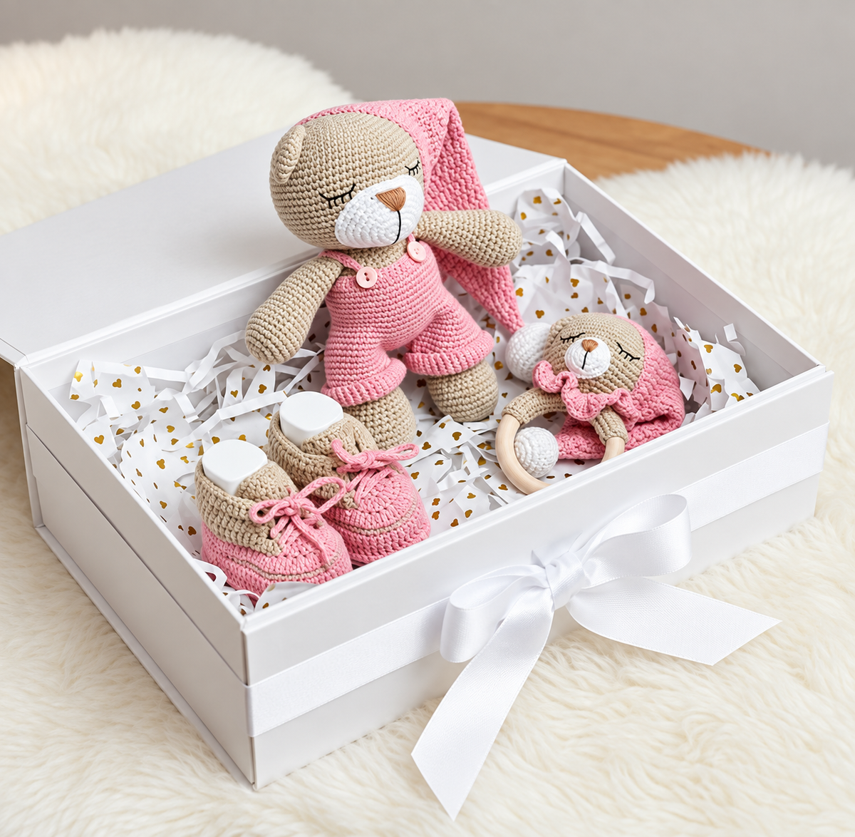 Handmade Crochet Newborn Sleeping Teddy Bear Gift Set (3pc) – Baby Shower Gift