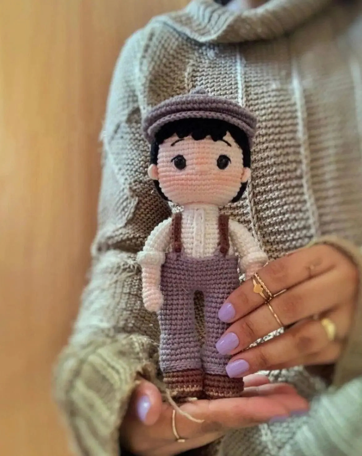 Cute Boy Doll in Purple Jumpsuit with Crochet Detailing - Handcrafted Toy for Kids - Joy Gift London