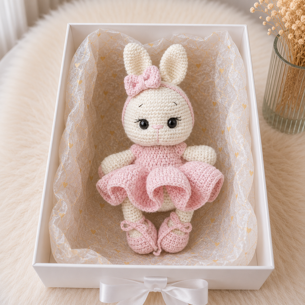 Handmade Crochet Ballerina Bunny Toy in Pink Dress