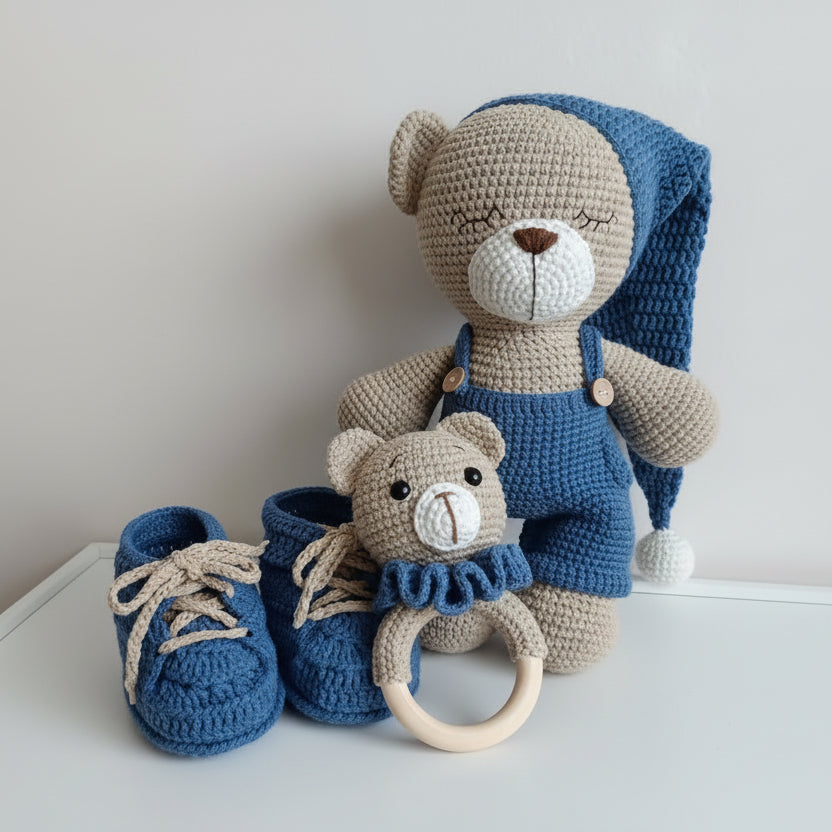 Set of crocheted toys including a bear in overalls, shoes, and a ring on a textured surface.