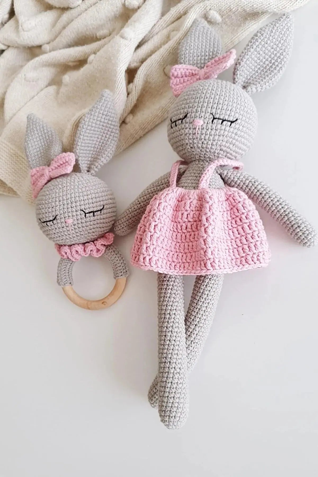 Crochet Sleeping Mate Gray Rabbit in Pink Dress and Rattle Toy Set 2pc - Joy Gift London