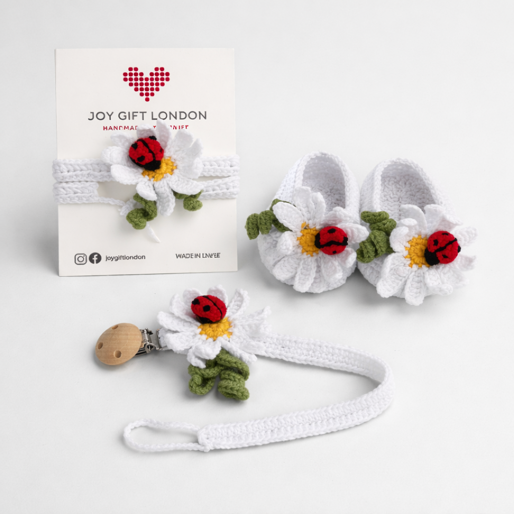 Baby Shower Gift Box – Handmade Crochet Booties, Dummy Clip & Headband Set (Luxury Newborn Gift) Daisy and Ladybird
