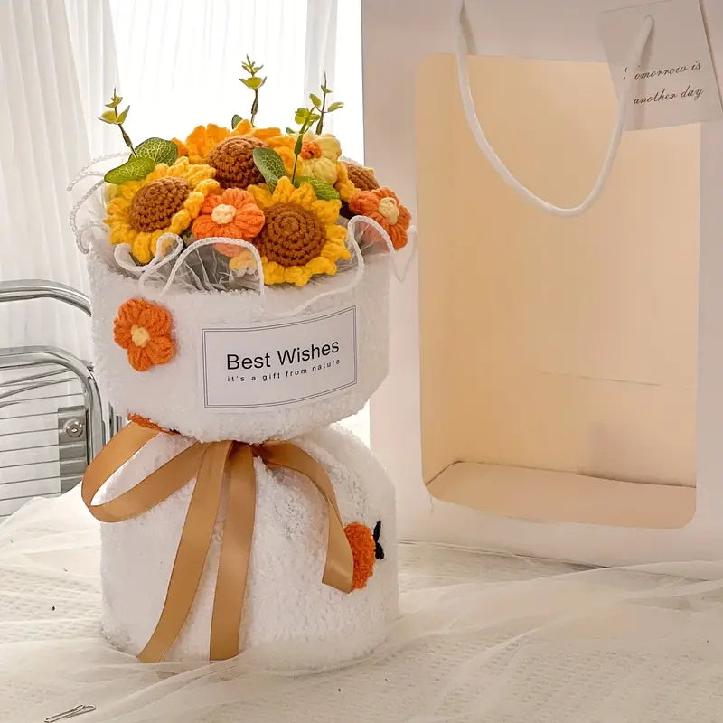 Handmade Crocheted Best Wishes Bouquet, Sunflower, Orange, Strawberry