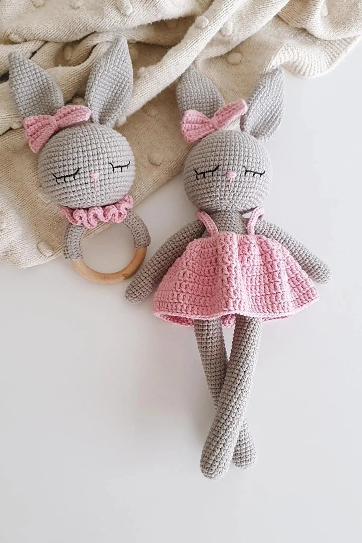 Crochet Sleeping Mate Gray Rabbit in Pink Dress and Rattle Toy Set 2pc - Joy Gift London