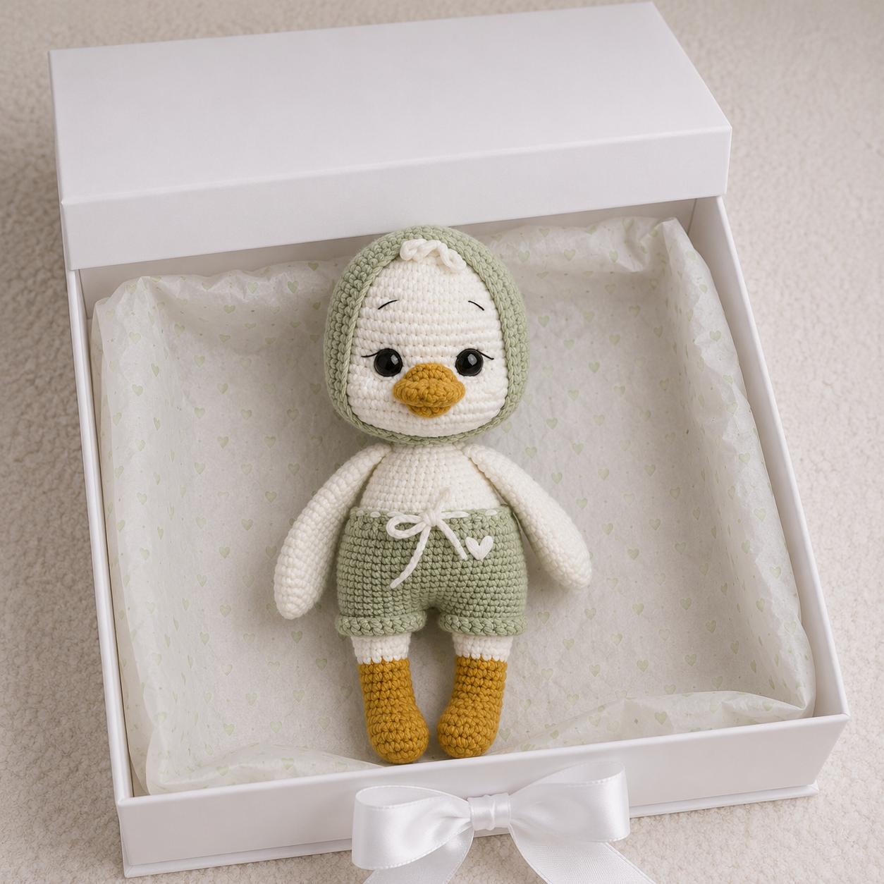 Handmade Crochet Duck Toy in Green Jumpsuit