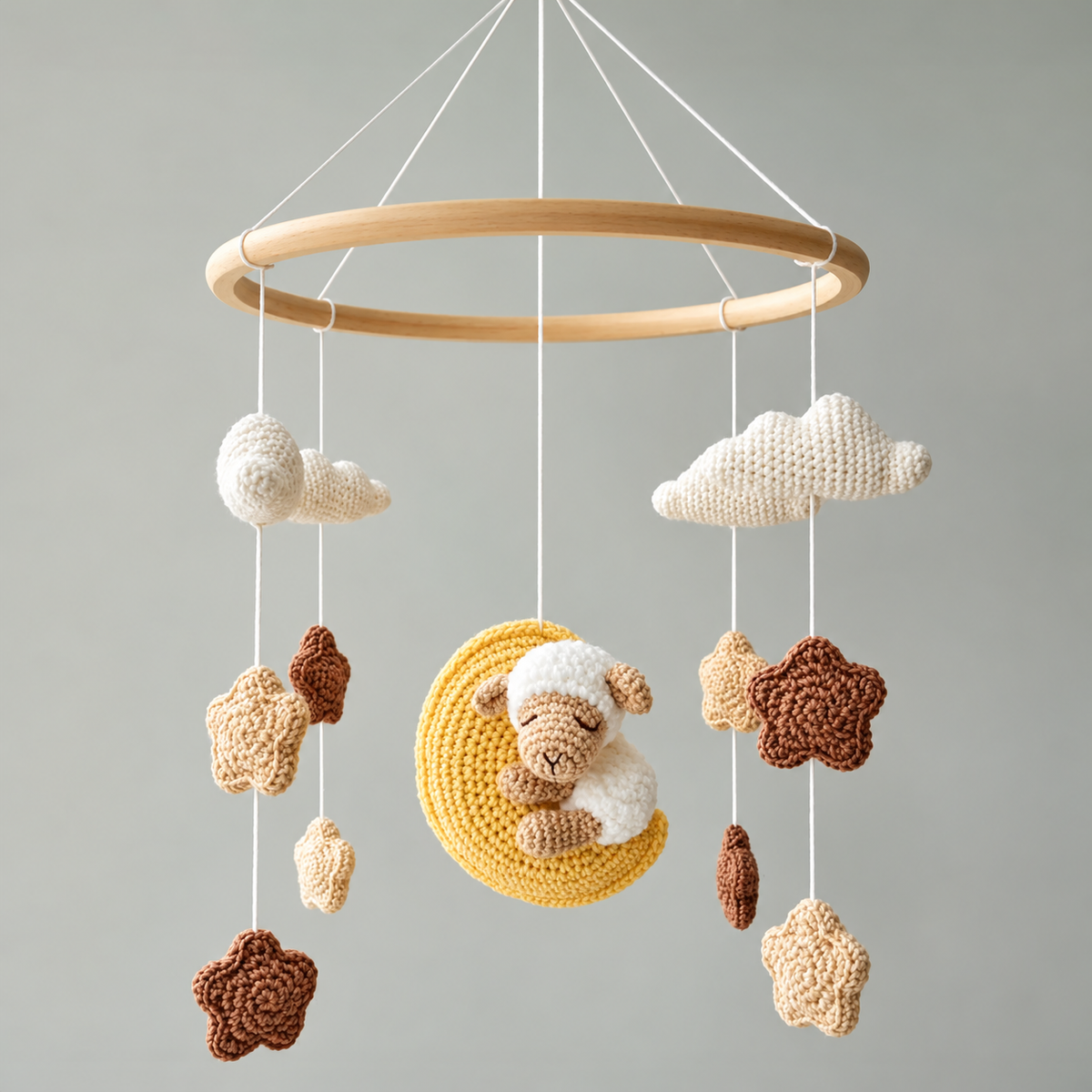 Handmade Crochet Sleeping Sheep Cot Mobile – Moon, Stars & Clouds Baby Nursery & Crib Mobile